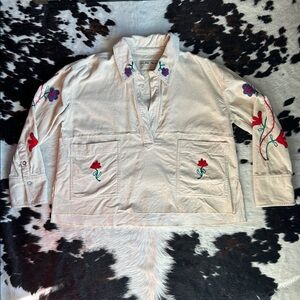 We The Free Winter Bloom Cream Corduroy Long Sleeve Pullover w/Floral Embroidery